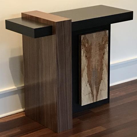 Modern hall table featuring walnut, black-dyed oak, and spalted maple