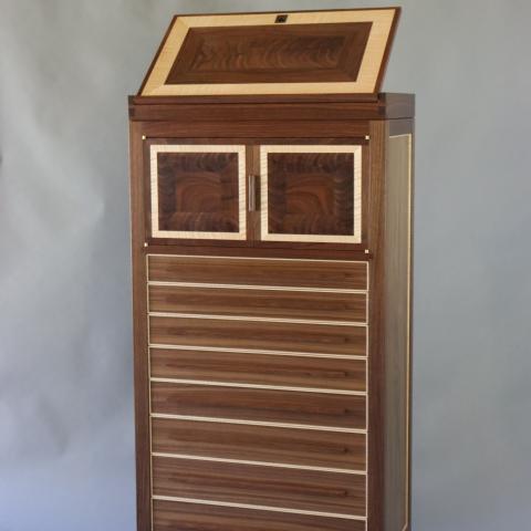 Front view of walnut cabinet with lid raised